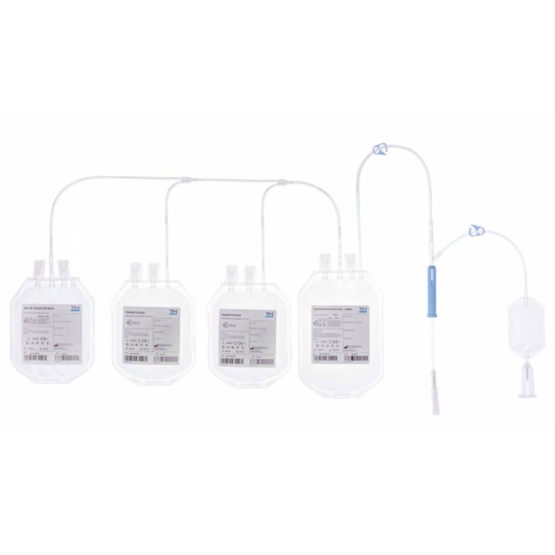 Контейнер для крові з розчинами ЦФД та САГМ четверний в модифікації 450/450/450/450 з портом для пробірок та контейнером для тромбоцитів